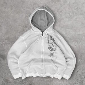 Vintage CHALC Y2K Graphic Sherpa-Lined Waffle Knit Zip-Up Hoodie Mens Large